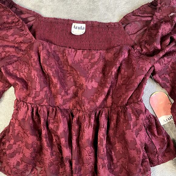 Arula Burgundy Lace Bishop Sleeve Top Women's XL NWT Boho Cottagecore Milkmaid - Picture 10 of 10